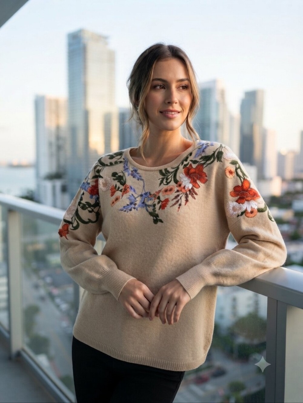 Chico's Embroidered Floral Neutral Sweater M